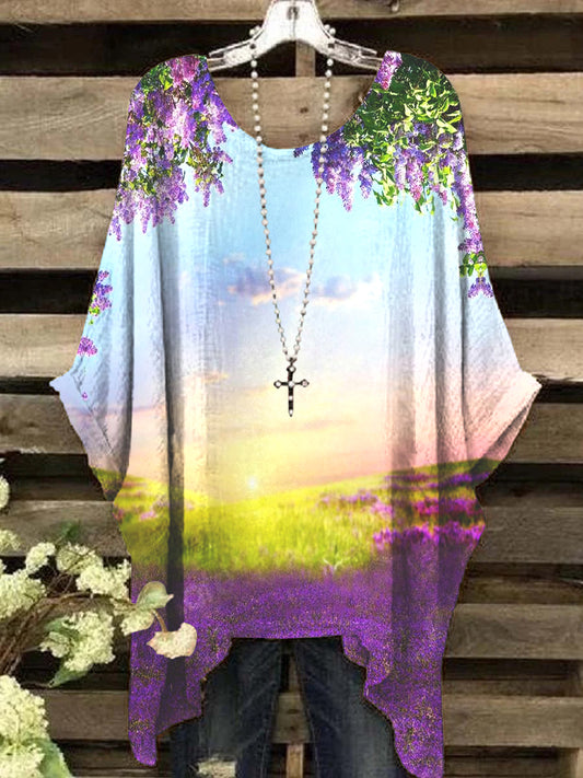 Women's Elegant Lavender Scenery Pattern Round Neck Top
