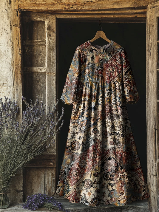 Women's Vintage Ethnic Totem Art Print Flowy Cotton Crew Neck Dress