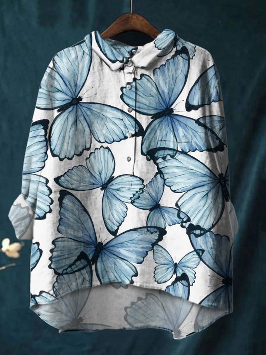 Elegant Watercolor Floral Print Cotton And Linen Shirt