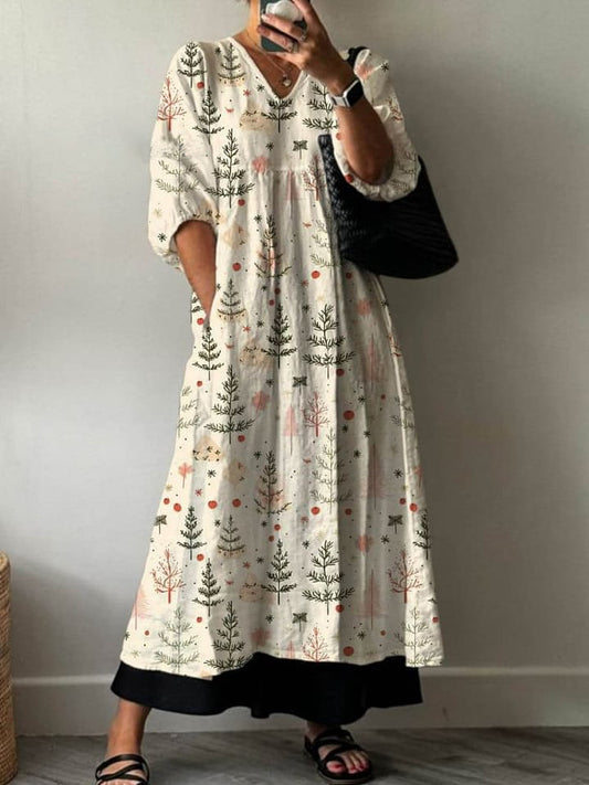 Women's Lovely Christmas Tree Art Print Pocket V-neck Cotton Dress