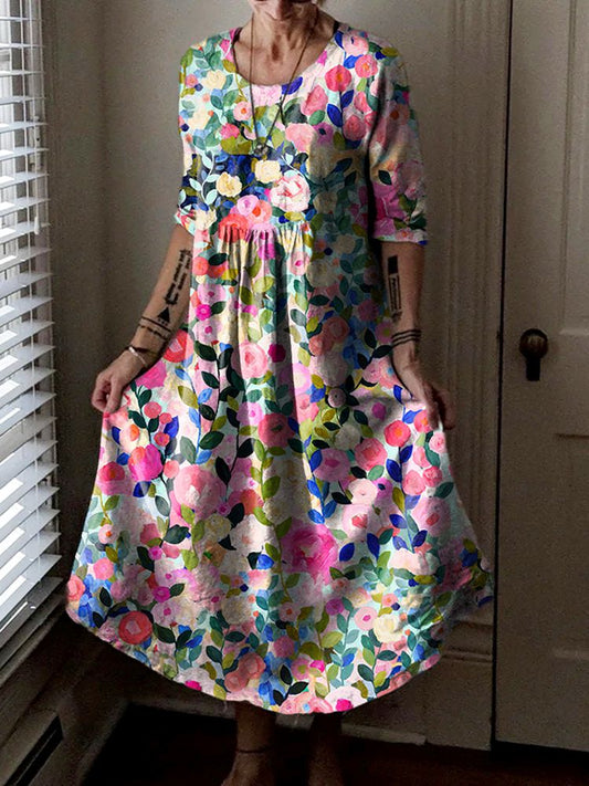 Women's Floral Art Print Pocket Cotton Dresses