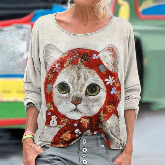 Babushka Cat Fun Patterned Women's Linen Shirt