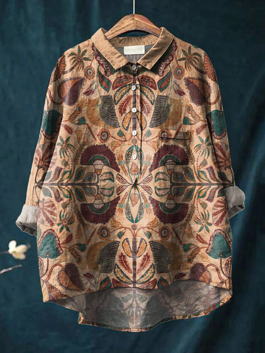Vintage Ethnic Floral Pattern Art Print Casual Cotton And Linen Shirt