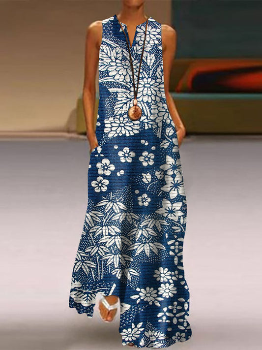 Vintage Japanese Art Flower Print V-Neck Sleeveless Maxi Dress