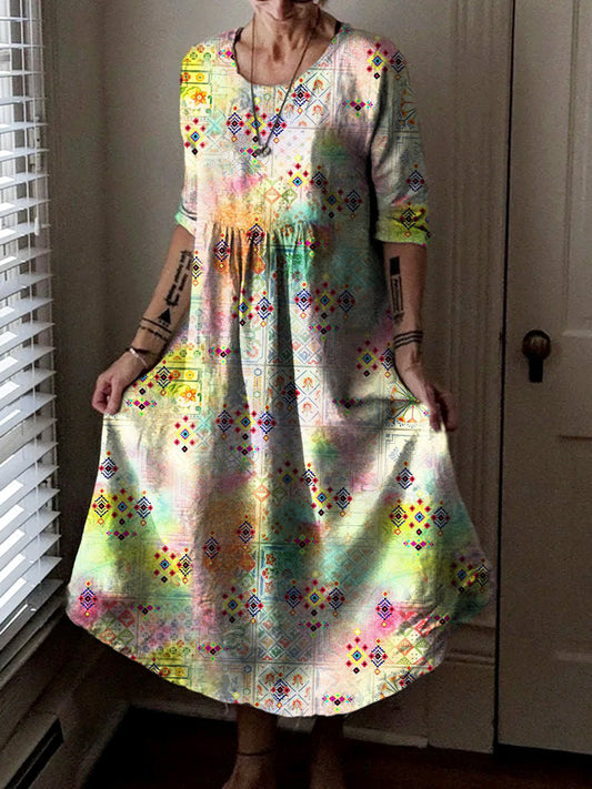 Women's Hippie Art Floral Print Crew Neck Dress