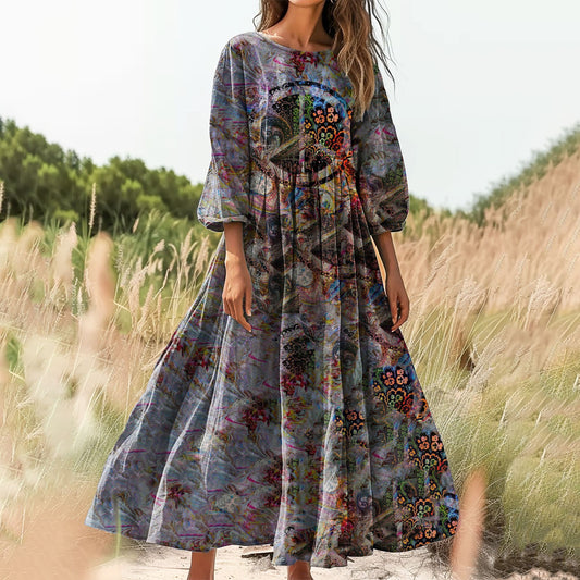 Hippie Pattern Art Print Cotton Crew Neck Women's Dresses
