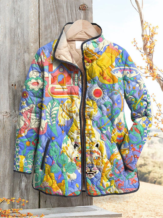 Women's Vintage Colorful Illustration Art Pattern Print Casual Quilted Cardigan