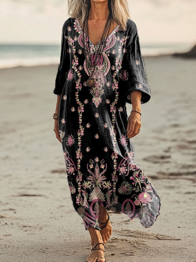 Women's Floral Art Print Pocket Cotton Dresses