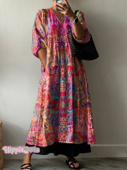 Colorful Ethnic Pattern Printed Women's Pocket V-Neck Cotton Dress