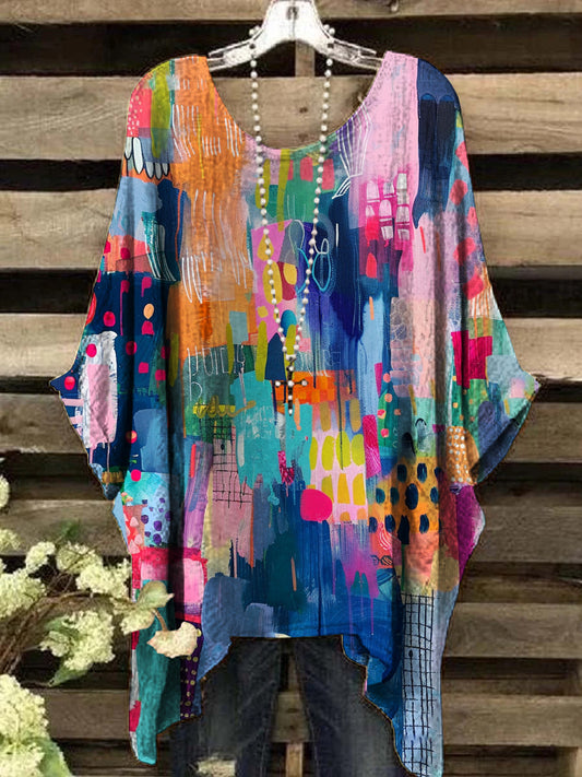 Women's Oil Painting Abstract Print Vintage Top