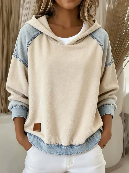 Women'S Casual Denim And Lace Hooded Sweatshirt 