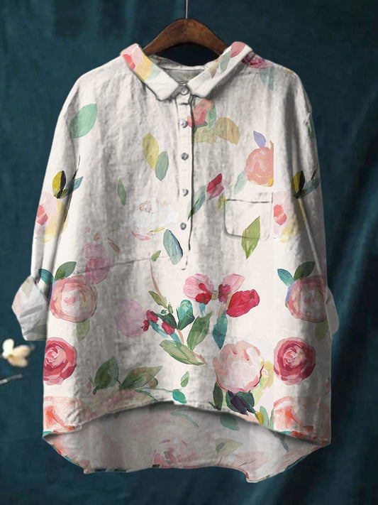 Elegant And Stylish Watercolor Flowers Printed Cotton And Linen Shirt
