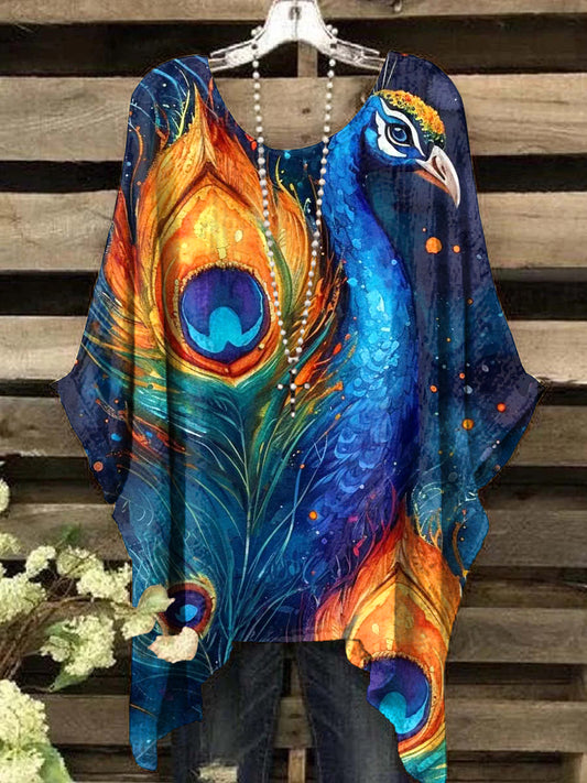 Women's Vintage Abstract Peacock Art Print Crew Neck Top