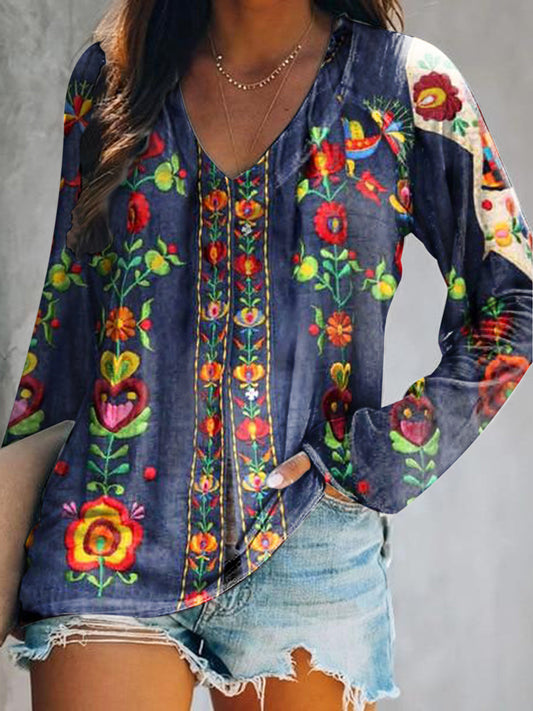 Women's Vintage Bohemian Floral Art Print Casual V Neck Long Sleeve To