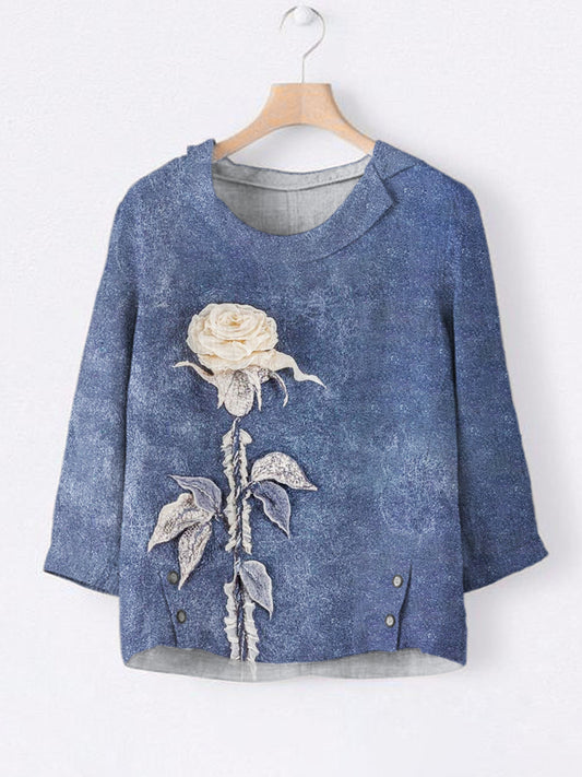 Botanical Floral Art Print Women's Linen Lapel Shirt