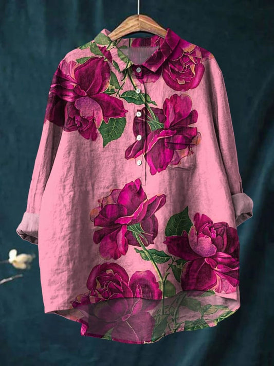 Peony Flower Print Cotton And Linen Shirt