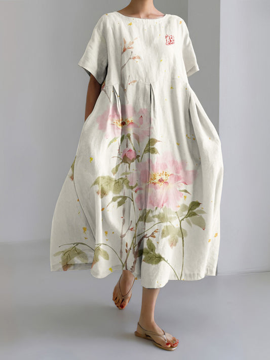 Peony Print Round Neck Short Sleeve Midi Dress