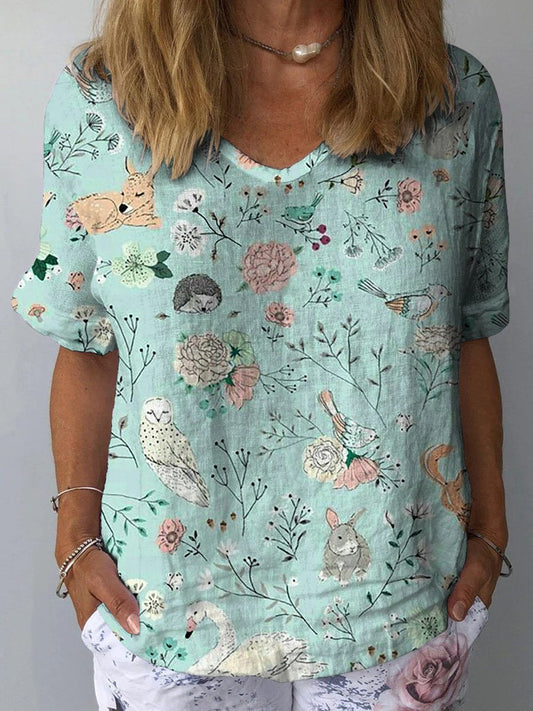 Lovely Spring Woodland Pattern Printed Women's Casual Cotton And Linen Shirt