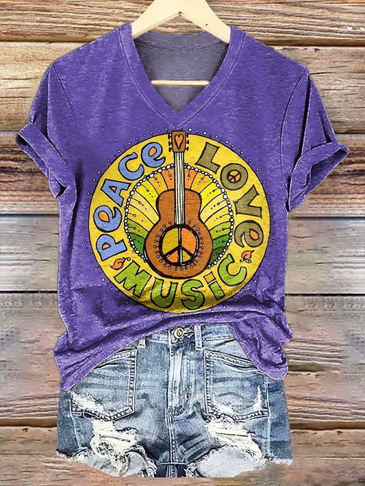 Women's Hippie Music Peace Love Art Graphic Print Casual V-neck T-shir