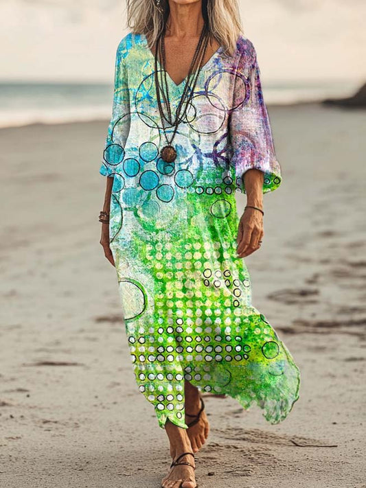 Women's Tie-dye Irregular Circle Pattern Art Print Pocket Cotton Dress