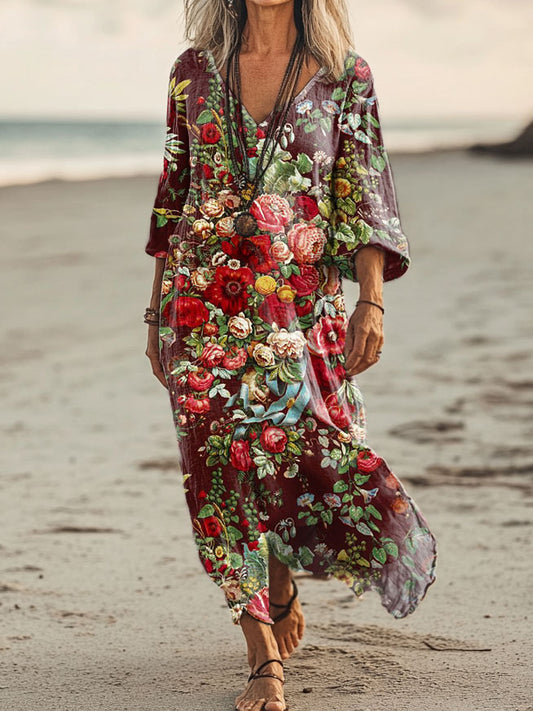Women's Floral Embellished Pattern Art Print Pocket Cotton Dress