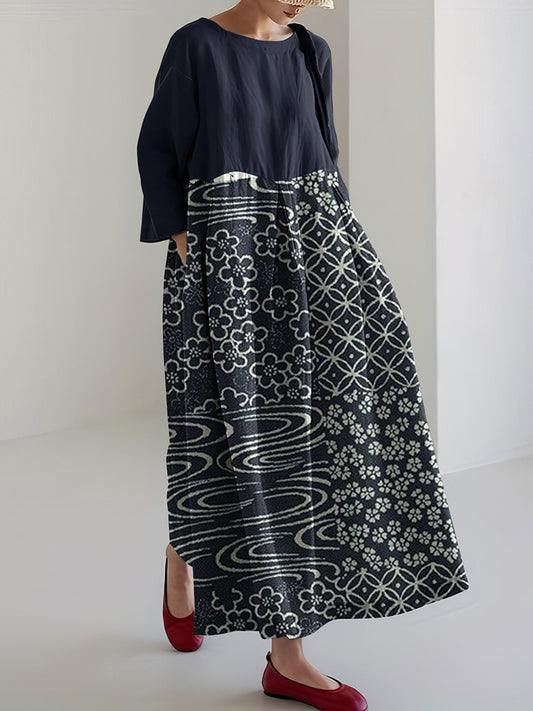 Japanese Art Geometry Blossom Linen Blend Maxi Dress