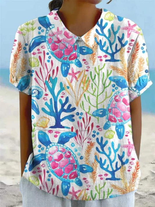Women's Colourful Ink Coral Turtle Print Casual Cotton And Linen Shirt