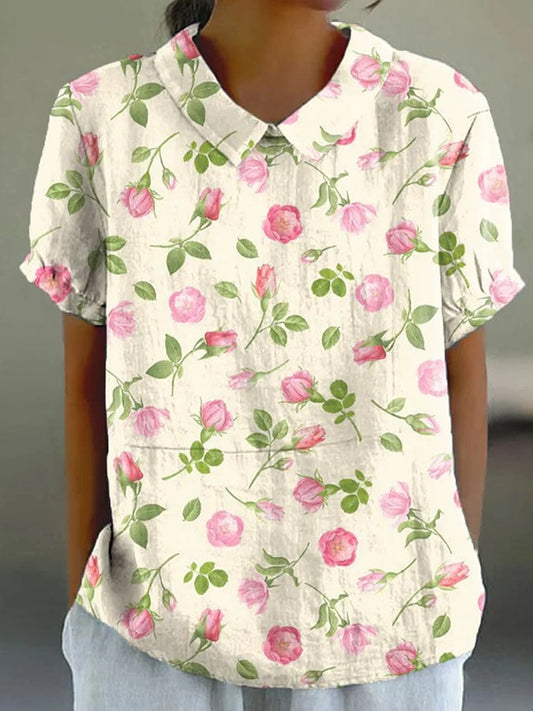 Women's Casual Lapel Short Sleeve Floral Print Top 