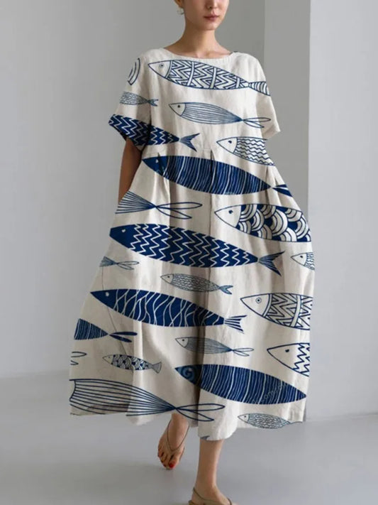 Japanese Art Fish Print Loose Short Sleeved Midi Dress