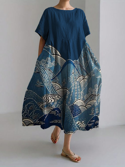 Mountains Landscape Japanese Art Linen Blend Maxi Dress