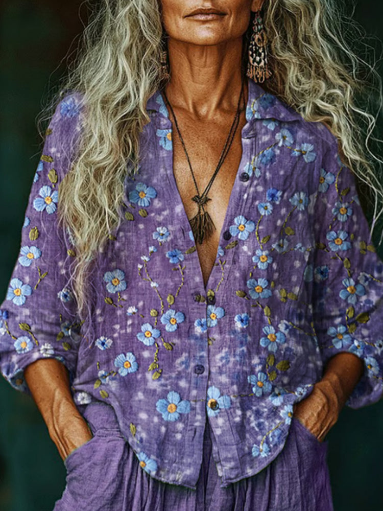 Women's Purple Consciousness Floral Design Print V-neck Shirt