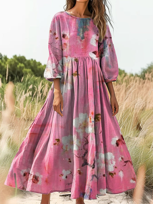 Women's Vintage Floral Art Print Flowy Cotton Crew Neck Dress