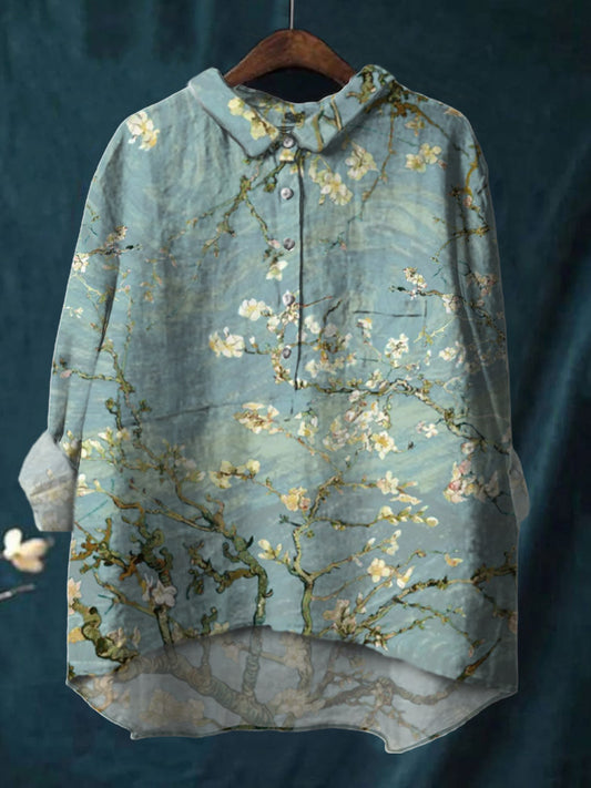 Colorful Watercolor Flower bPrint Cotton And Linen Shirt