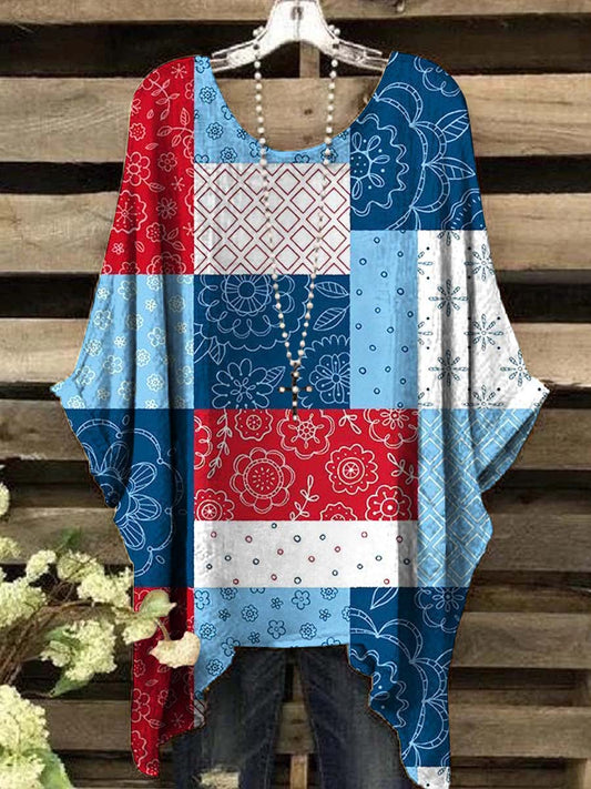 Women's Vintage Floral Plaid Patchwork Printed Casual Top