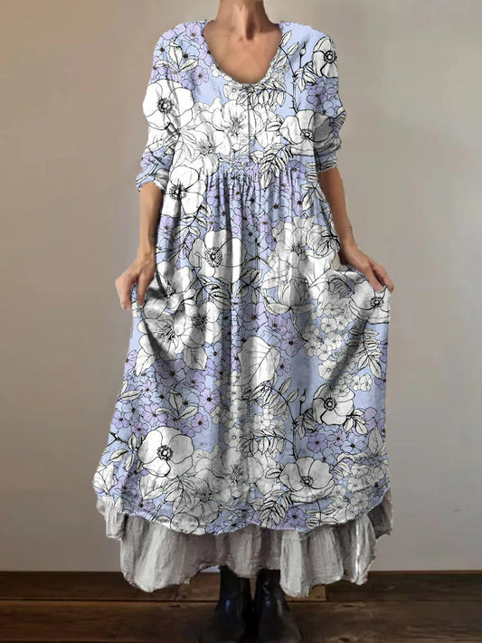 Women's Art Floral Hippie Vintage Print V Neck Dress