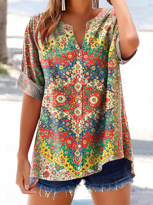 Women's Colorful Ethnic Totem Flower Art Print Casual Cotton And Linen
