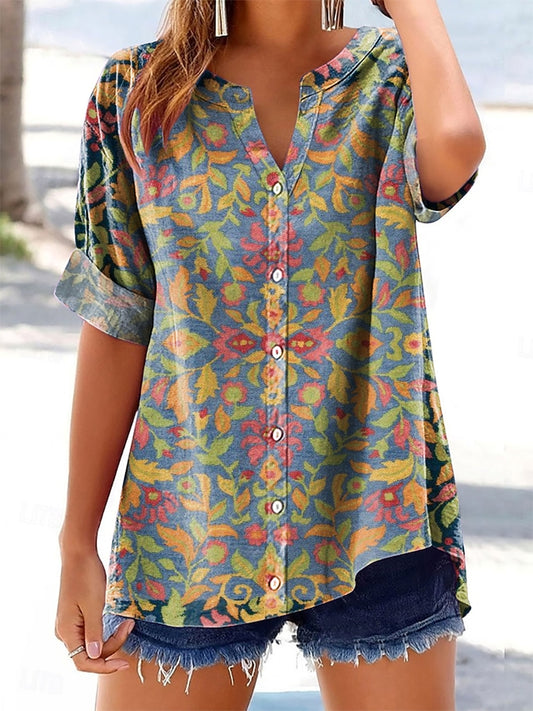 Women's Ethnic Flower Art Print Casual Cotton And Linen Short Sleeve S