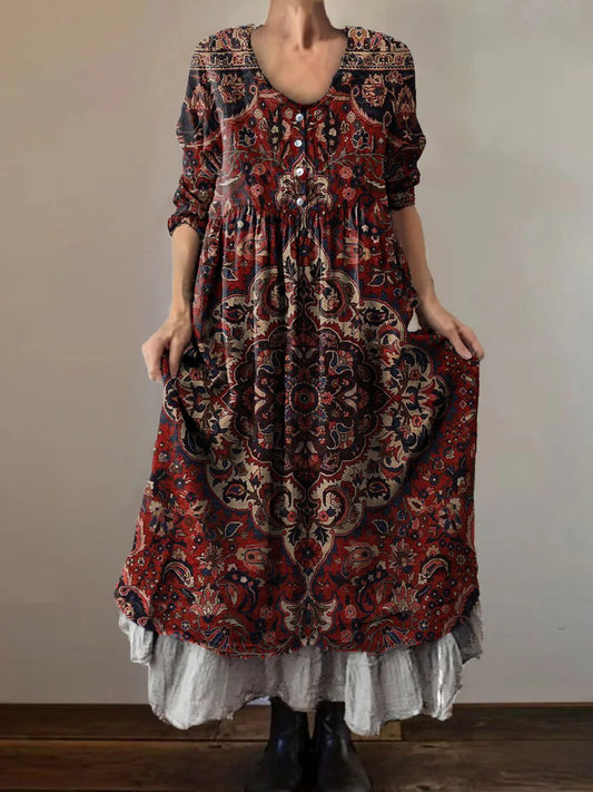 Women's Ethnic Tattoo Art Print V-Neck Button Pocket Cotton Dress