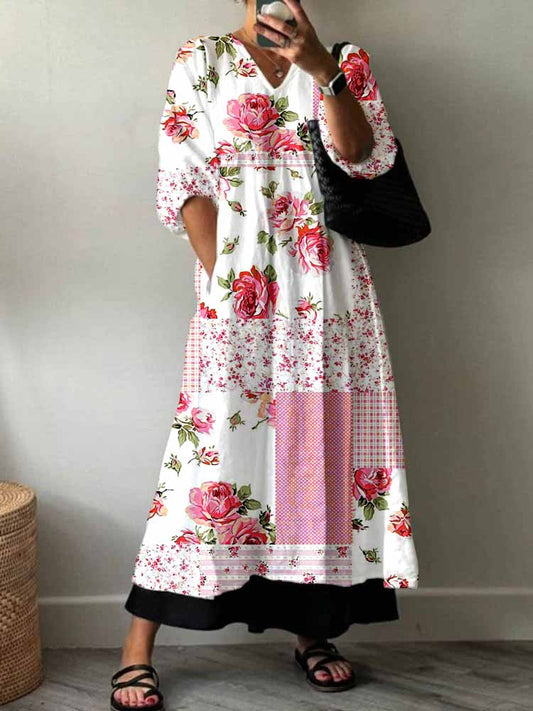 Women's Rose Flower Floral Pattern Cotton Dress