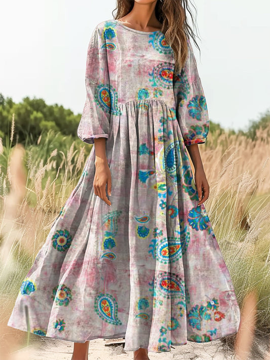 Women's Vintage Ethnic Floral Art Print Flowy Cotton Crew Neck Dress