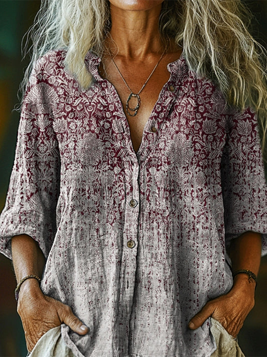 Women's Vintage Ethnic Gradient Art Print Casual Cotton Linen Shirt