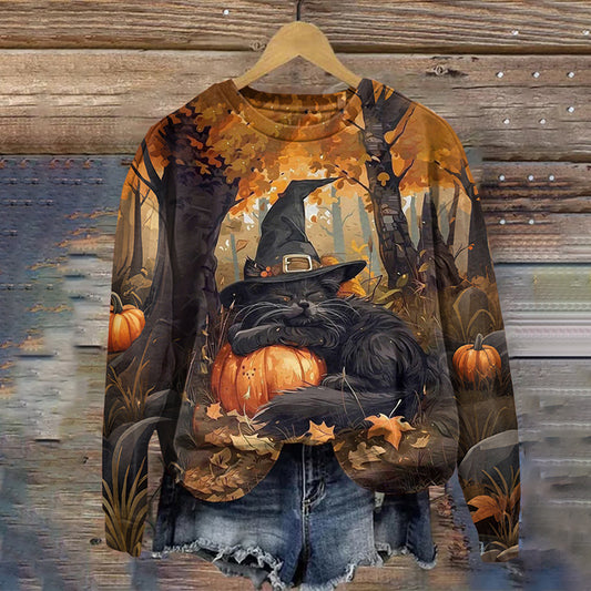 Women's Halloween Cat Print Crew Neck Long Sleeve Sweatshirt