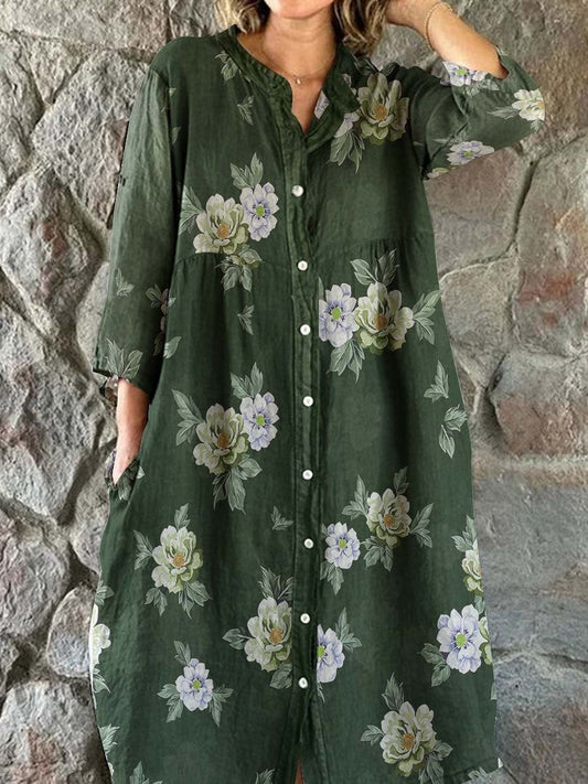 Women's Elegant Vintage Floral Print Shirt Style Cotton and Linen Dres