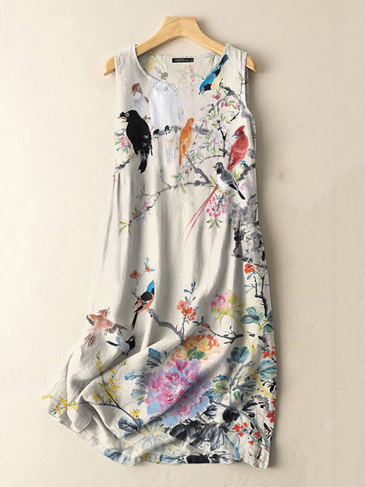 Vintage Japanese Flowers And Birds Print Sleeveless Cotton And Linen M