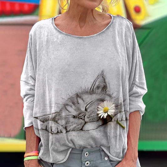 Cute Cat Sleeping Art Cozy Linen Crew Neck T-shirt