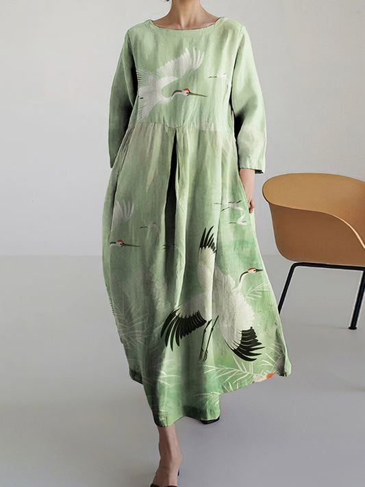 Japanese Art Casual Crane Print Crew Neck Midi Dress