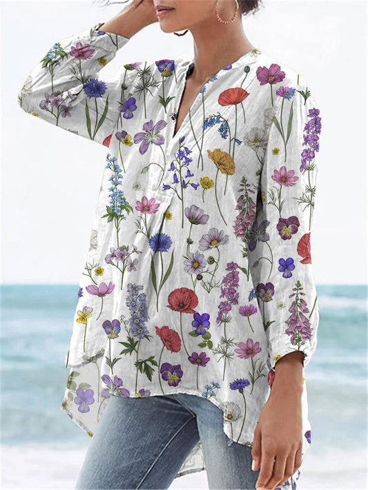 Spring Botanical Garden Pattern Printed Women's Casual Linen V-Neck Shirt