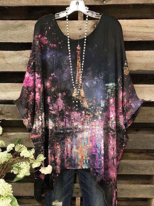 Women's Art Oil Painting Tower Print Casual Top