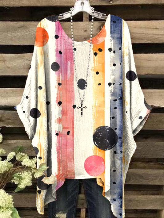 Women's Vintage Abstract Stripe Dot Art Print Crew Neck Top