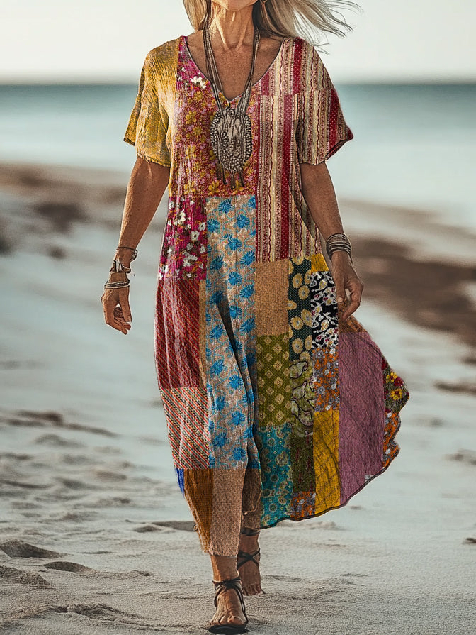 Women's Vintage Ethnic Floral Art Print Pocket Cotton Dress